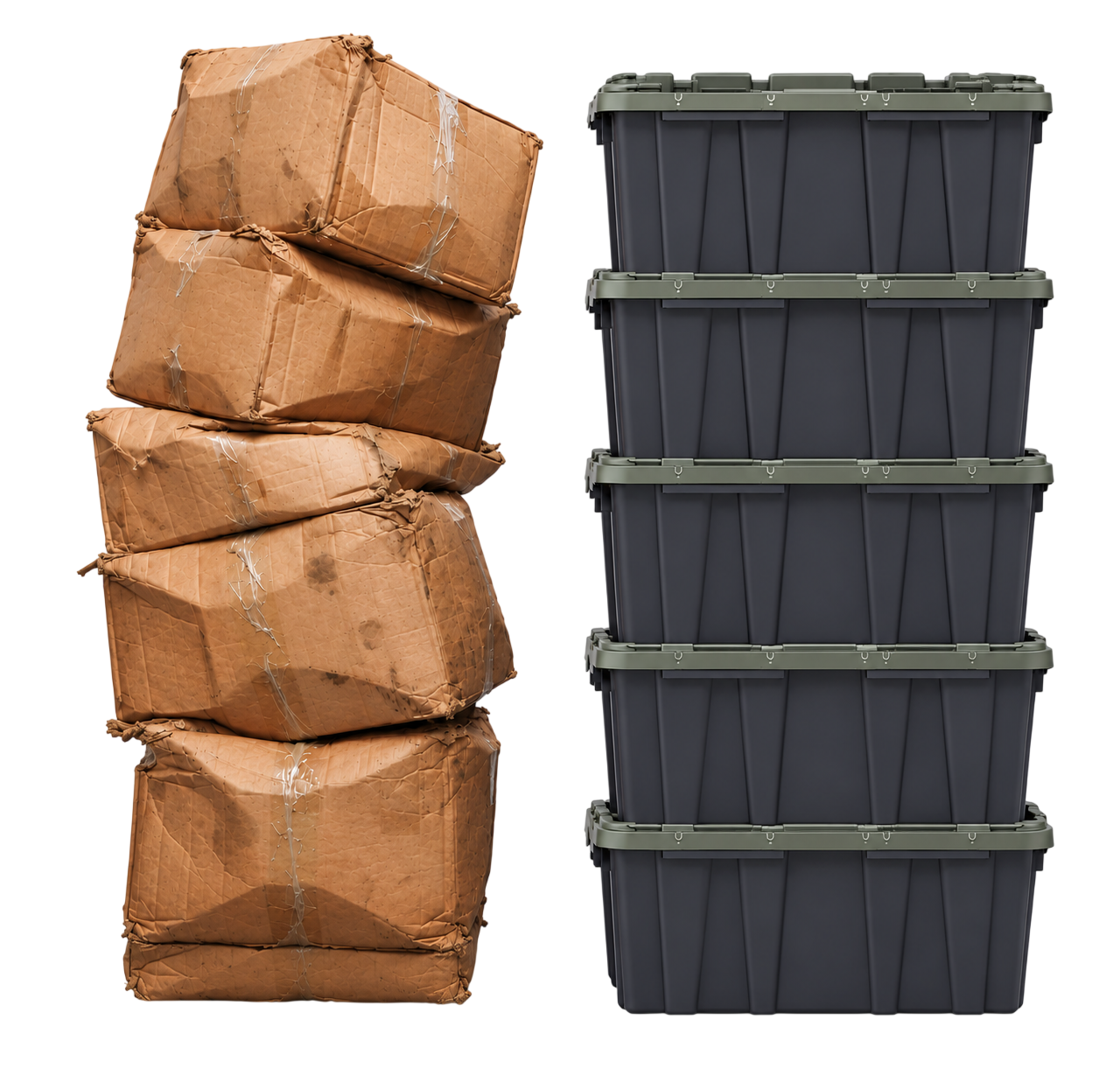 Cardboard boxes stacked messily next to neat reusable moving totes